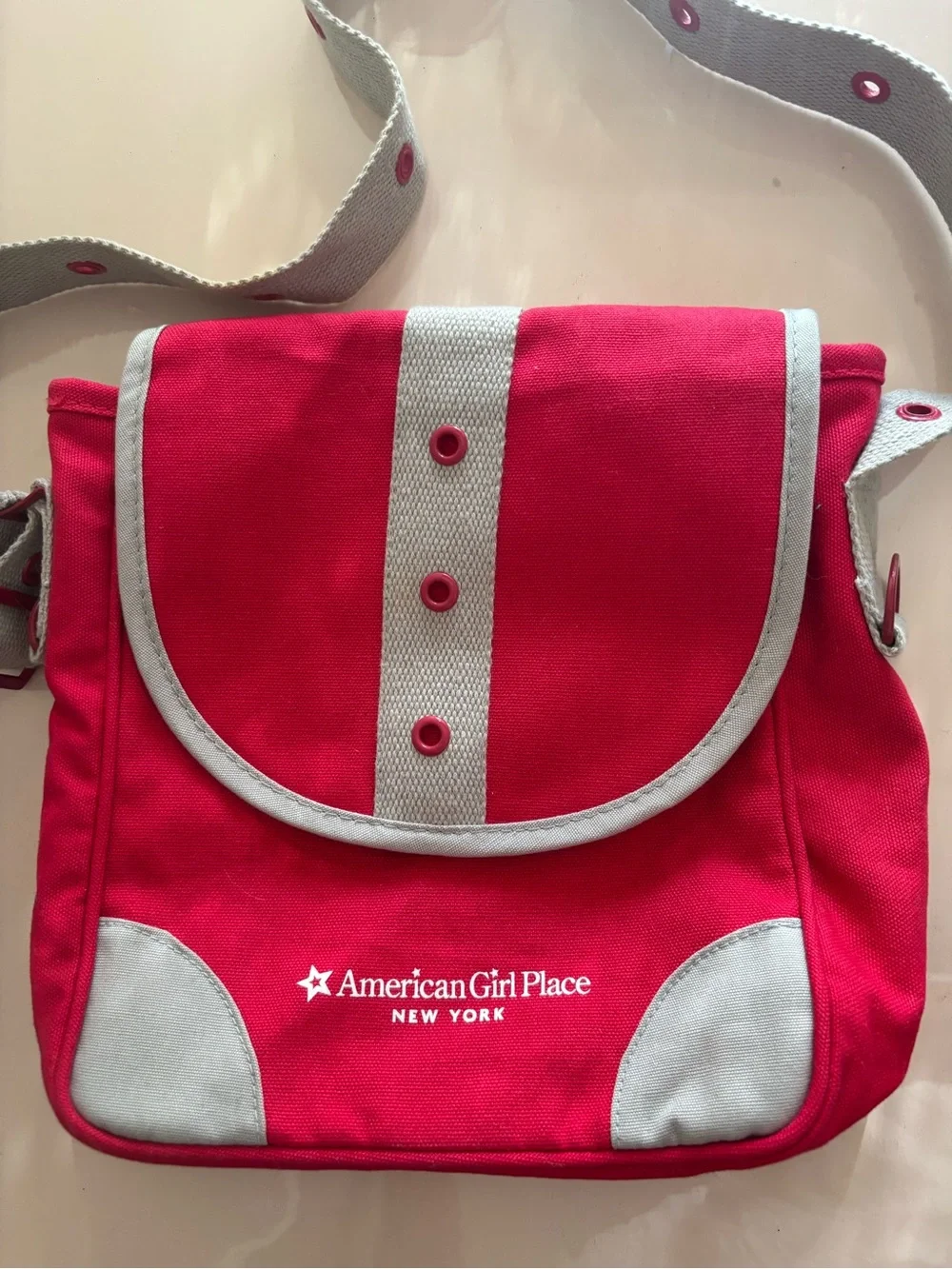 American Girl Red New York Bag with Gray Trim and Strap Accents